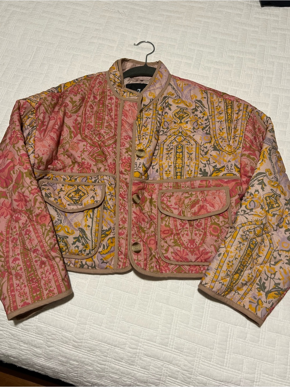 7 For All Mankind Quilted Floral Puff Jacket in Pink & Yellow